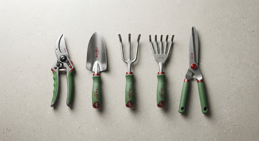 Professional landscaping and grounds maintenance tools arranged on site