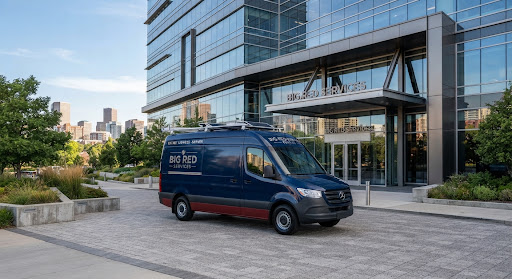 Commercial property logistics vehicle stationed at modern Denver facility